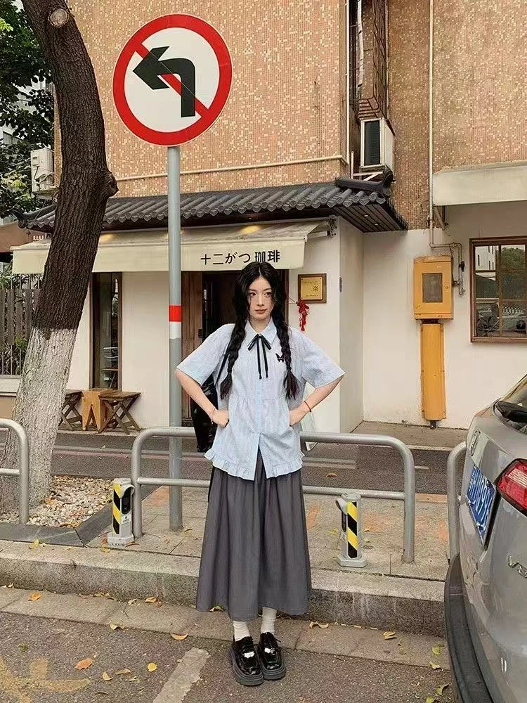 日系花边下摆蝴蝶结软妹衬衫女短袖学院风宽松休闲百搭别致两件套