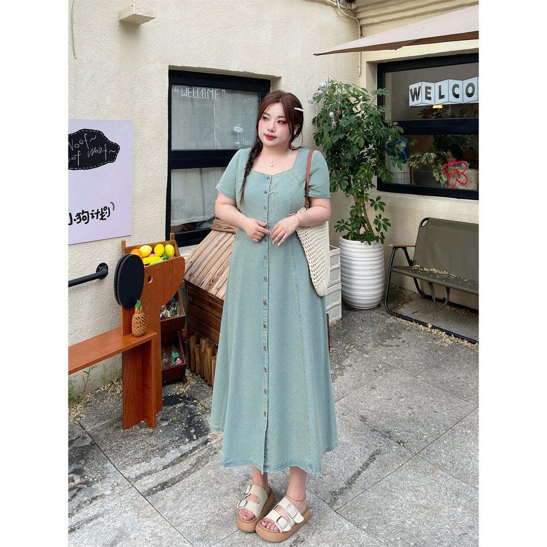 大码女装夏季简约洋气花契200斤胖mm法式复古方领优雅牛仔裙14820