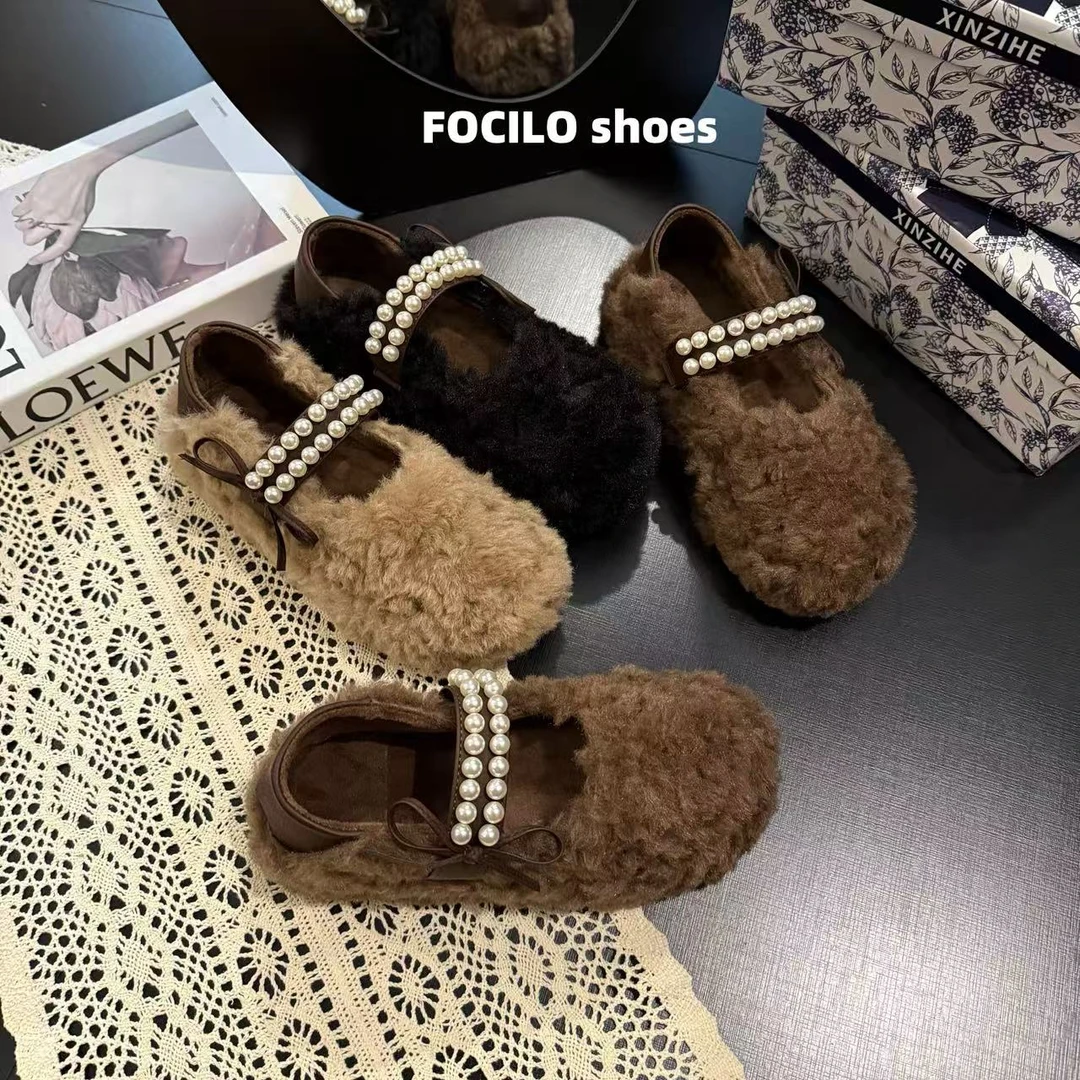 时尚毛毛鞋女外穿增高时尚厚底2025秋冬季新款珍珠一脚蹬保暖棉鞋