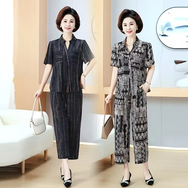 气质大码中老年时尚休闲夏季宽松妈妈装洋气舒适套装