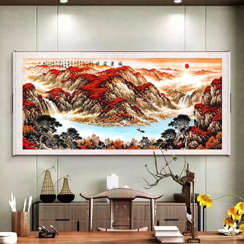 《鸿运当头》300×95聚宝盆山水画办公室客厅新中式沙发背景装饰画