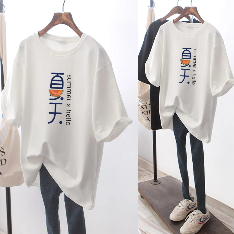 2025新款白色短袖T恤女韩版宽松休闲中长款时尚百搭圆领上衣夏季