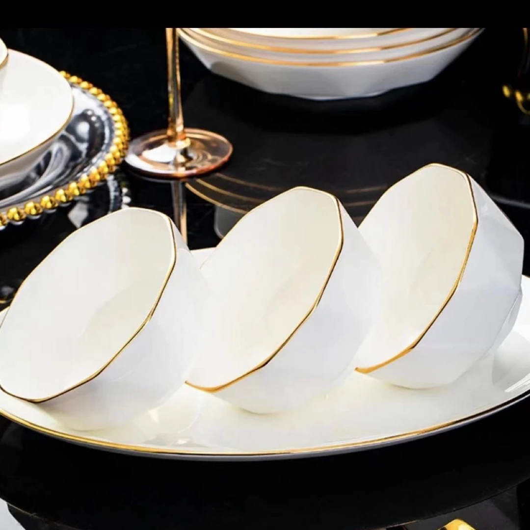 金镶玉6英寸面碗4只装轻奢家用陶瓷米饭碗金边创意简