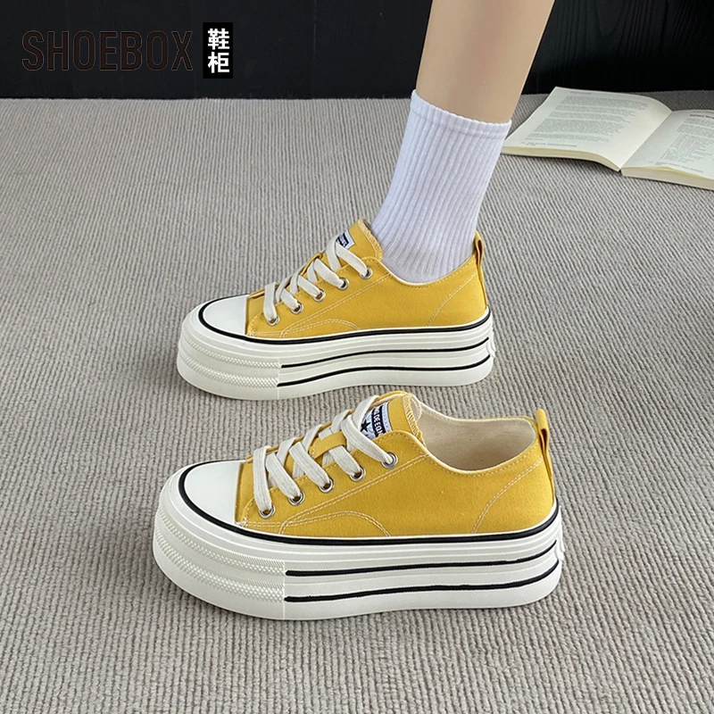 SHOEBOX鞋柜厚底增高5cm帆布鞋女2025新款休闲小白鞋松糕板鞋