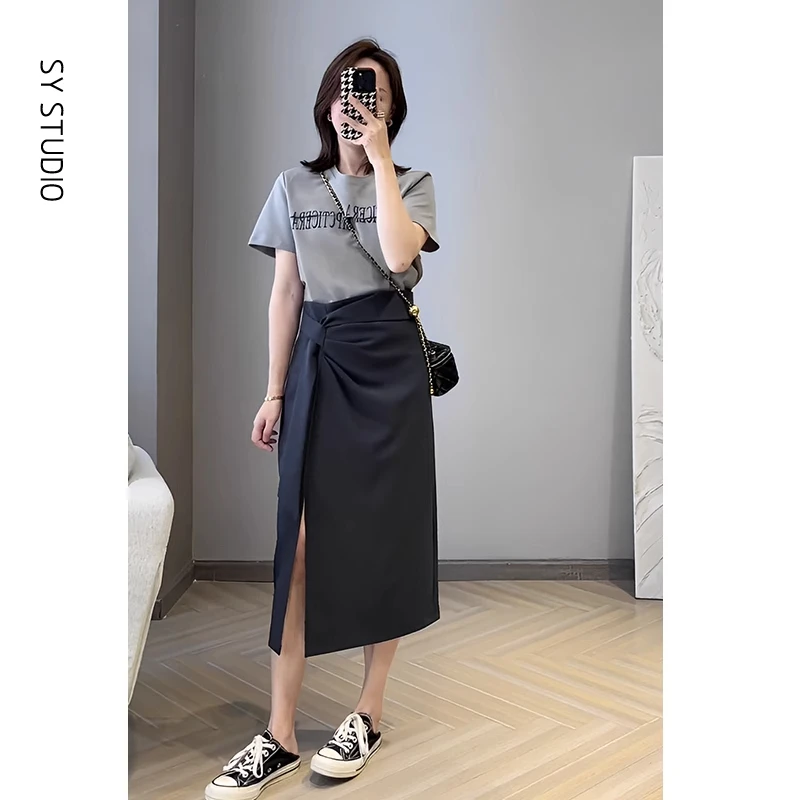 夏季时尚高级感灰色T恤短袖半身裙显瘦遮肉收腰时尚气质减龄套装