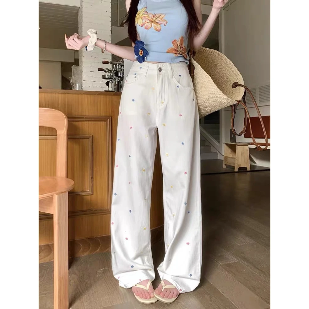 妮妮家66272白色花朵刺绣高腰百搭直筒休闲拖地牛仔裤