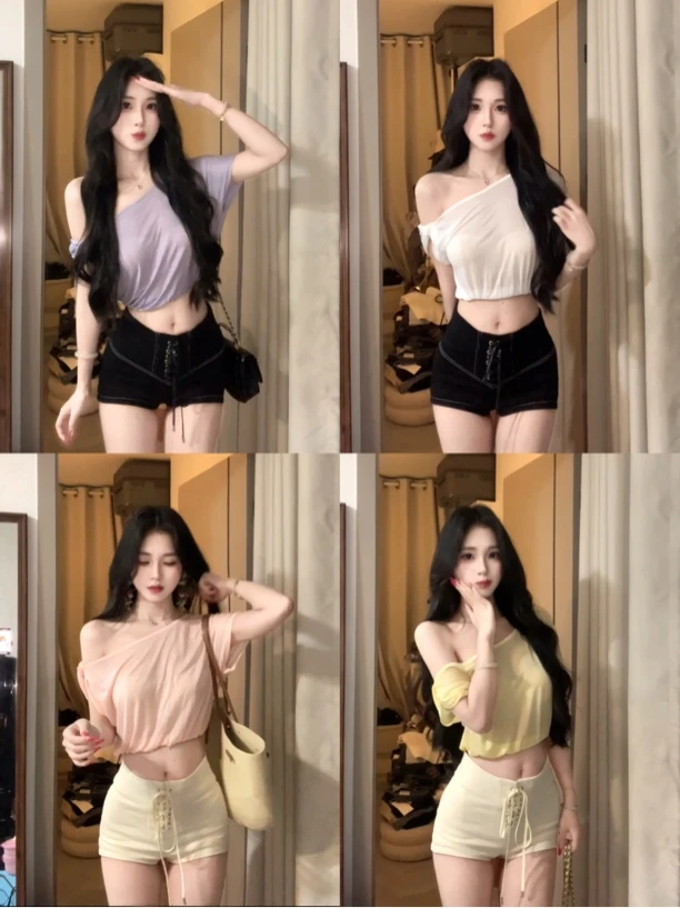 四色纯欲斜肩透感天丝T恤上衣