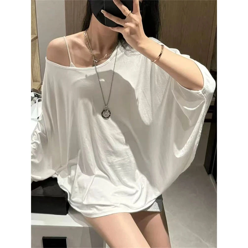 慵懒松弛感中长款白色蝙蝠袖T恤女春夏季度假风宽松纯色罩衫上衣