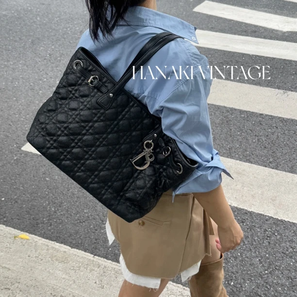 95新 DIOR/迪奥 花绮中古/Dior黑色菱格托特单肩包/95新