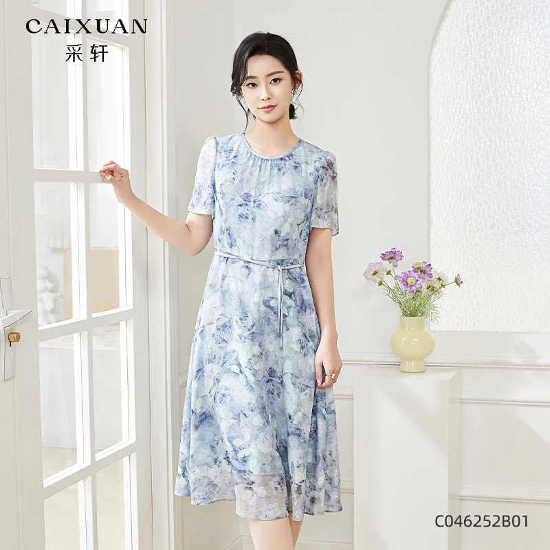 c046252b01CAIXUAN采轩优雅雪纺晕染花卉系带收腰连衣裙