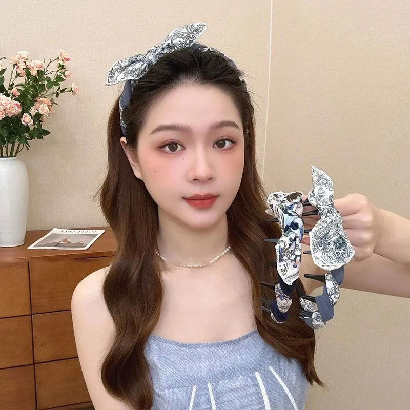 法式撞色印花兔耳朵蝴蝶结带齿发箍女高级感高颅顶碎发蓬松头箍
