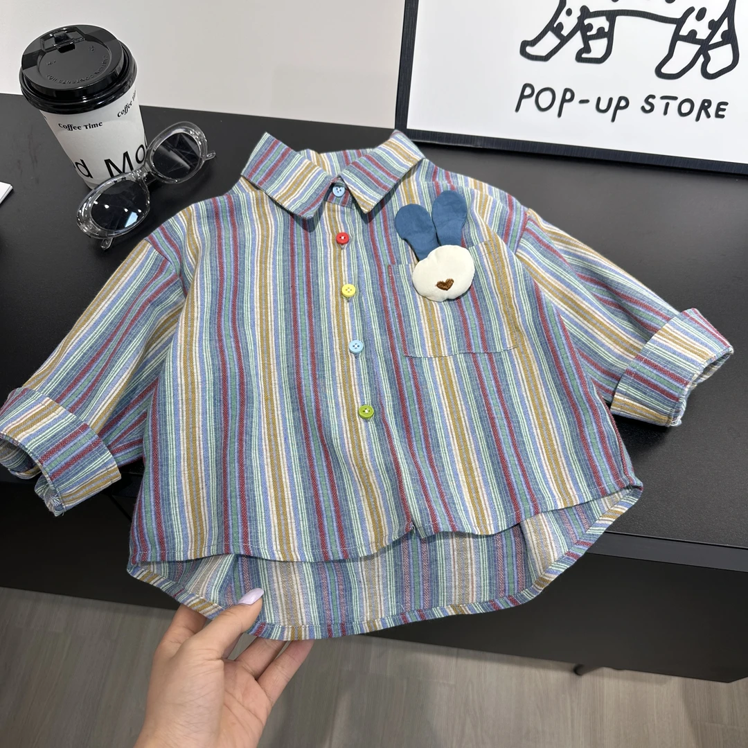【博瑞妈】儿童衬衫春秋新款男童韩版长耳朵口袋竖条纹长袖AW878