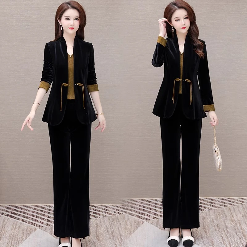 金丝绒西装职业套装春秋女2025新款时尚阔太高贵洋气小西服三件套