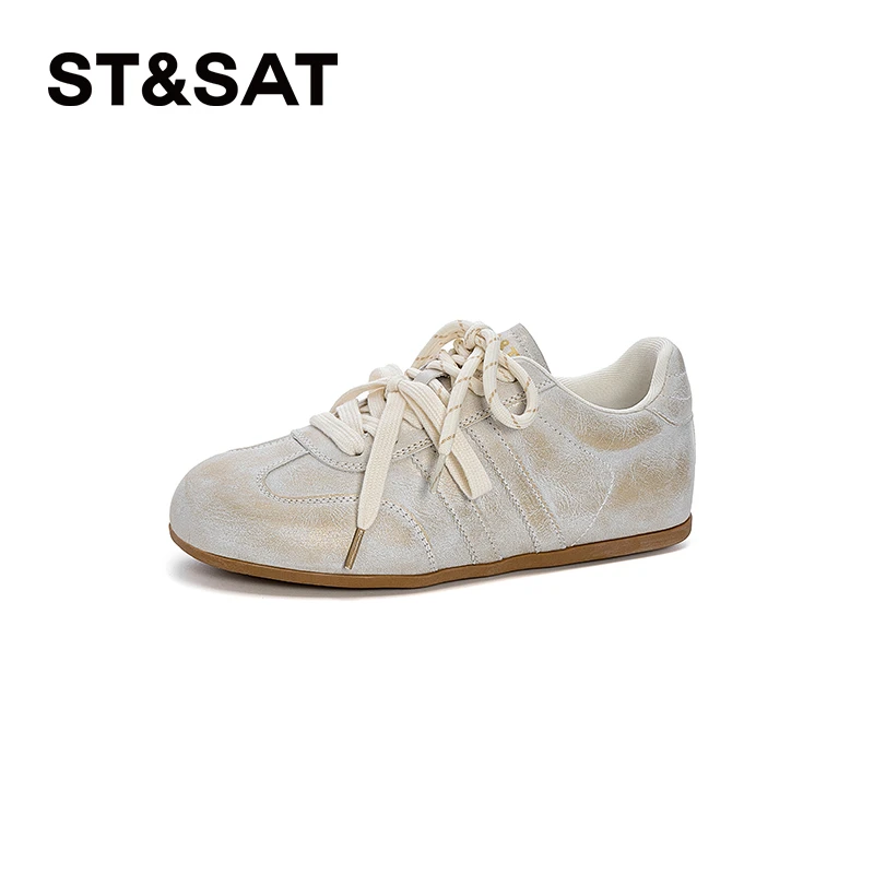 星期六25春日上新学院风小众休闲女鞋百搭双色系带平底擦色德训鞋