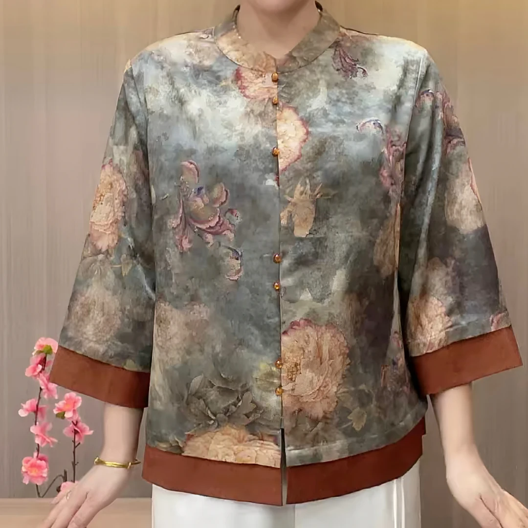 518  夏季立领七分袖繁花似锦咖拼边丝滑开衫上衣