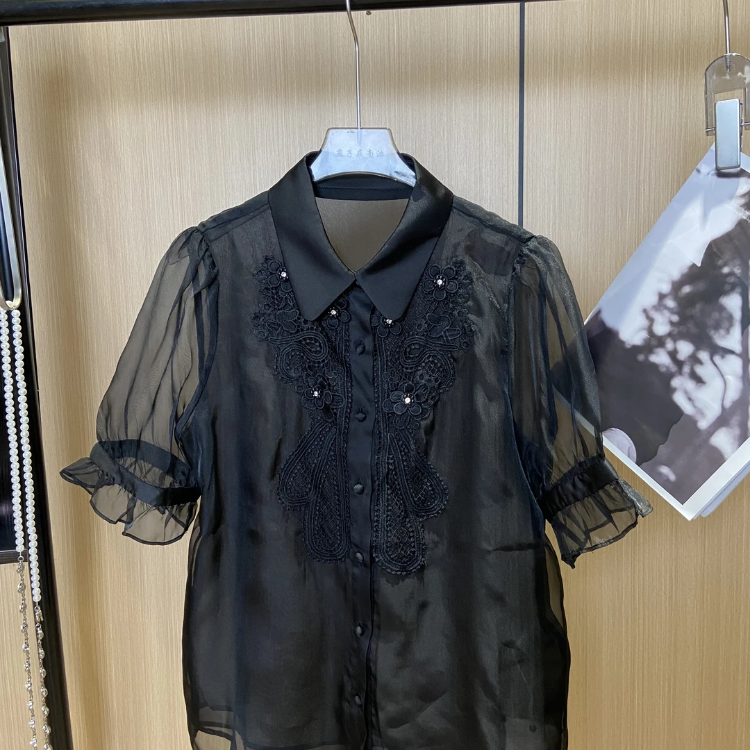 【燕子在南油】衣长60真丝欧根纱魅力质感短袖衬衫2712