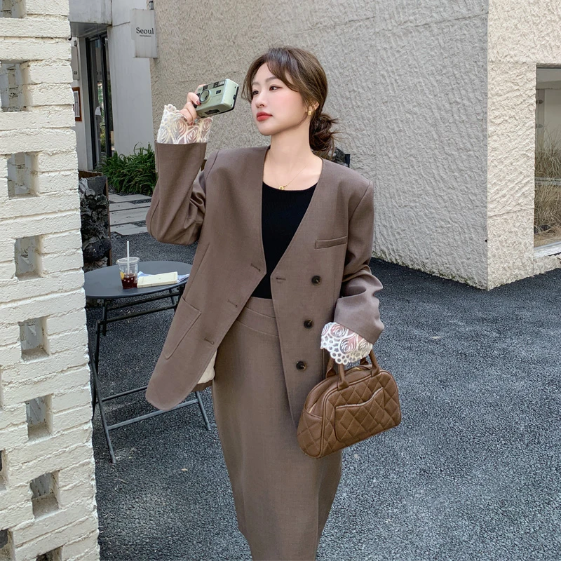 蕾丝拼接西装套装裙女2025早春新款韩系穿搭气质女神范西服半身裙