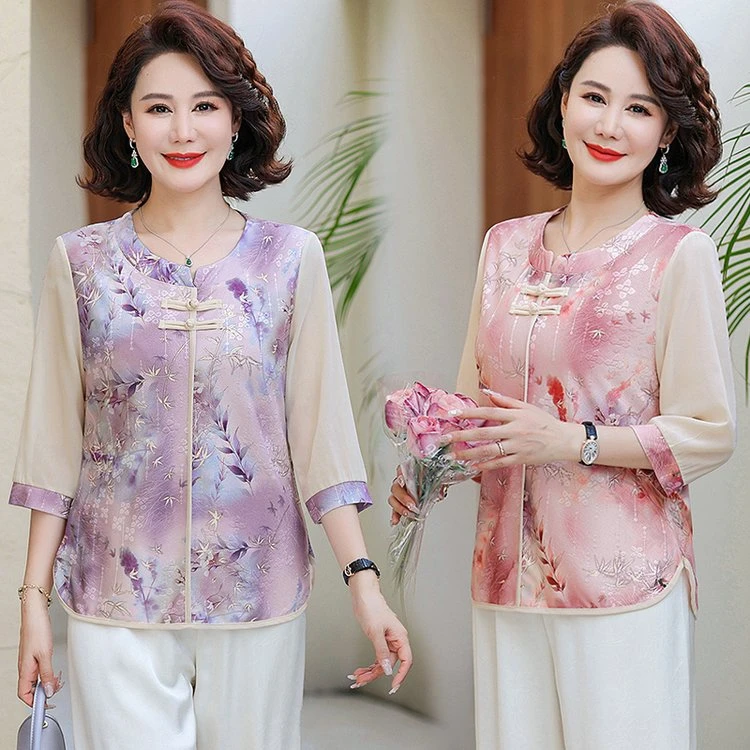 2025妈妈装新中式国风T恤上衣春夏圆领洋气复古盘扣中袖遮肚小衫