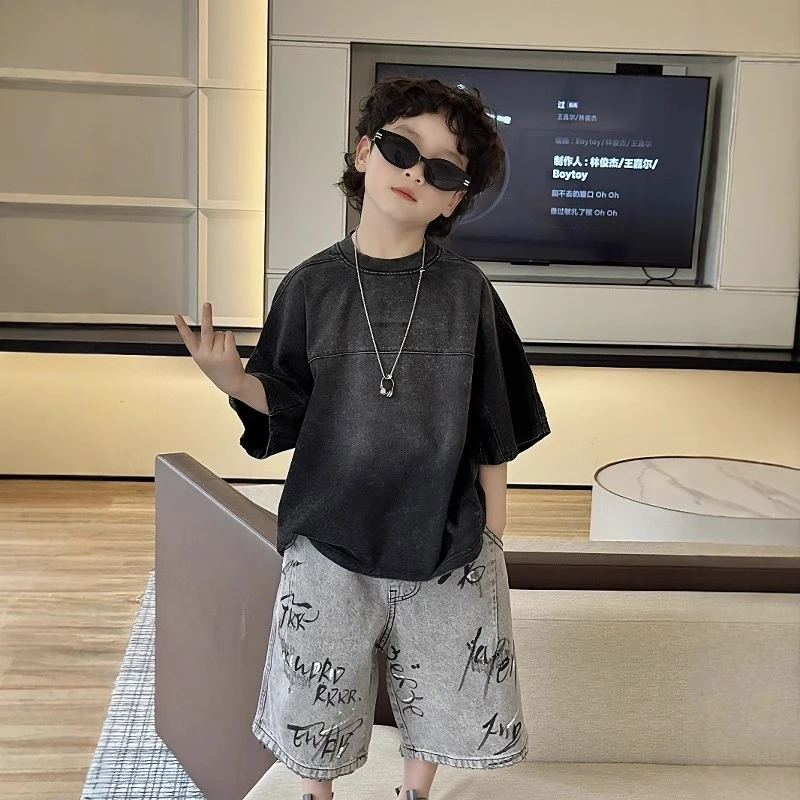 男童短袖T恤儿童夏装2025新款痞帅风男宝宝黑色炸街上衣夏日体恤