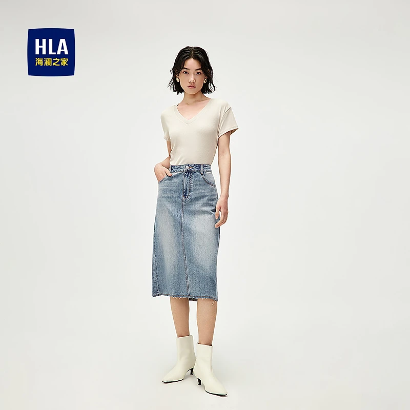 【通勤休闲】HLA海澜之家半裙女25新梭织牛仔洗水大气裙子女装夏