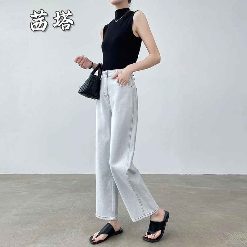 休闲窄版直筒牛仔裤女夏季薄款2025年新款显瘦宽松九分阔腿裤子