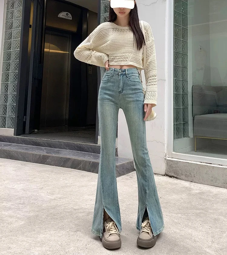 【61820】佰#高腰直筒开叉微喇牛仔裤