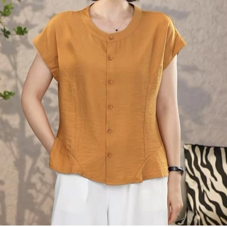 2025夏季新天丝麻圆领纯色拼接设计感收腰薄款舒适短袖衬衣女上衣