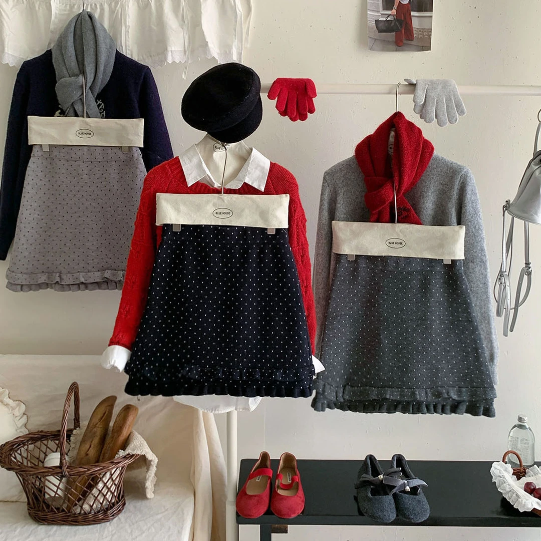 miu系双层木耳边针织小波点短裙女秋冬少女复古包臀A字毛线半身裙