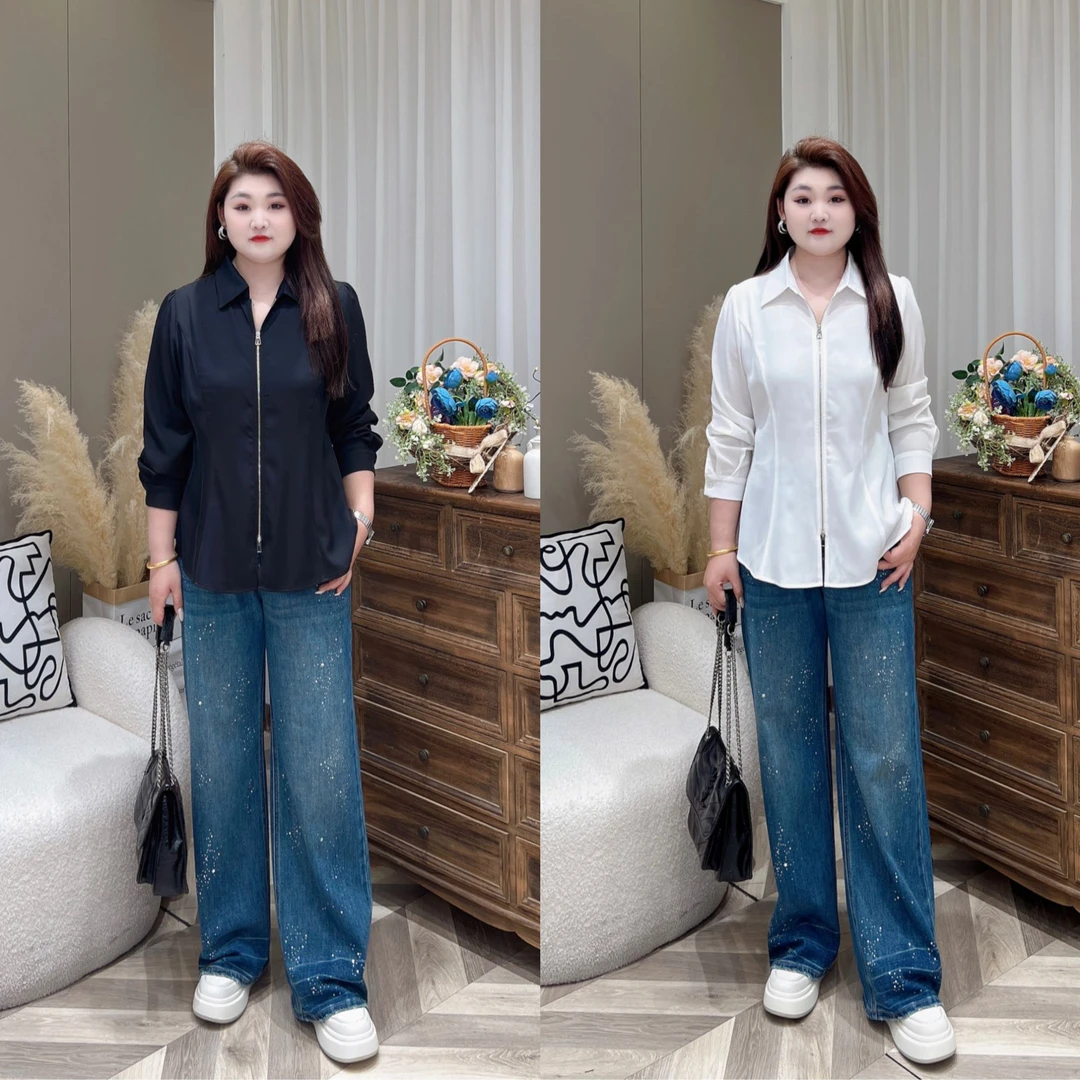 【上新上衣】PMM81060 早秋新款时尚双头拉链收腰显瘦大码女装衬衫