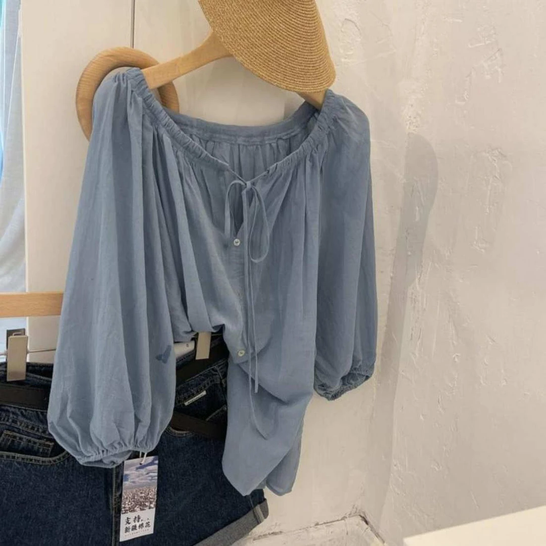 大码300斤法式七分袖透气薄款衬衫女夏季宽松泡泡袖开衫系带上衣
