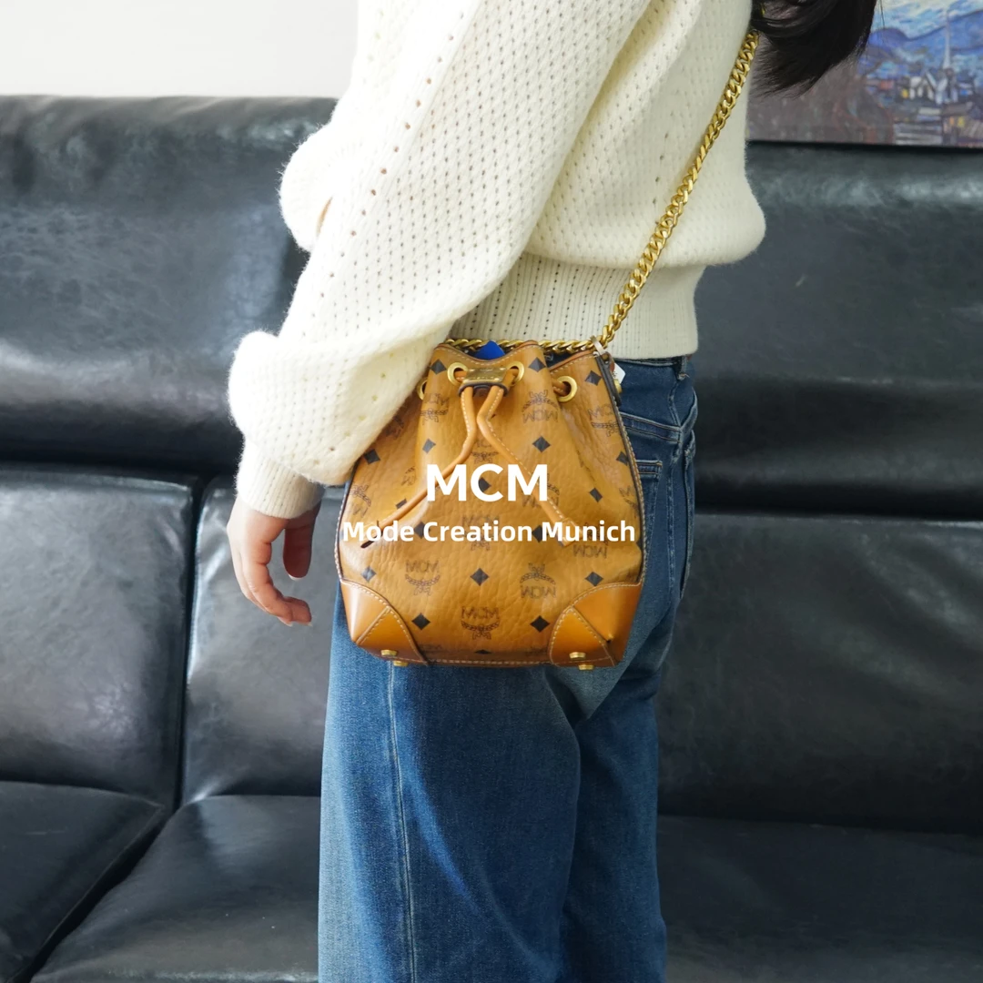 95新 MCM 干邑色抽绳链条包/WJ03903005/3005