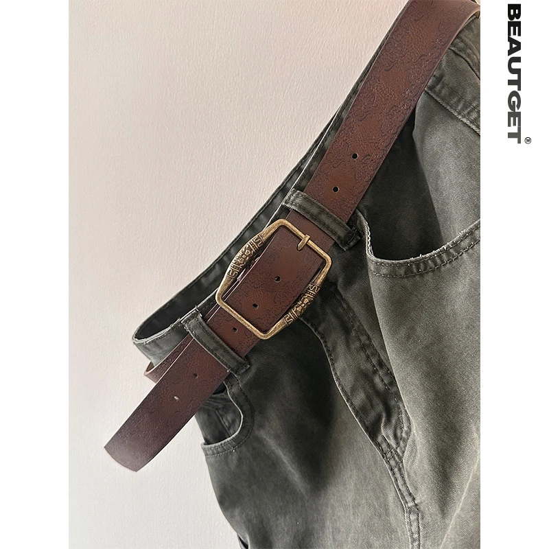 Beautget美式复古皮带压花设计棕色pu皮小腰带女