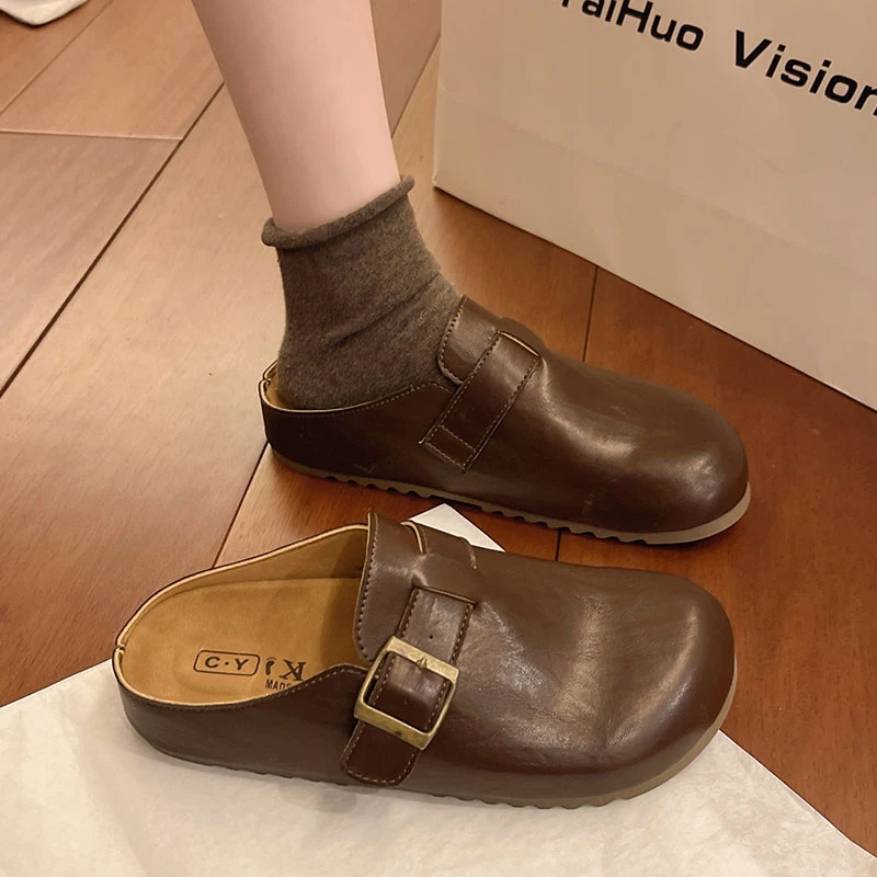 皮面勃肯鞋半拖女外穿2025新款时尚厚底包头半拖鞋外出懒人凉拖鞋