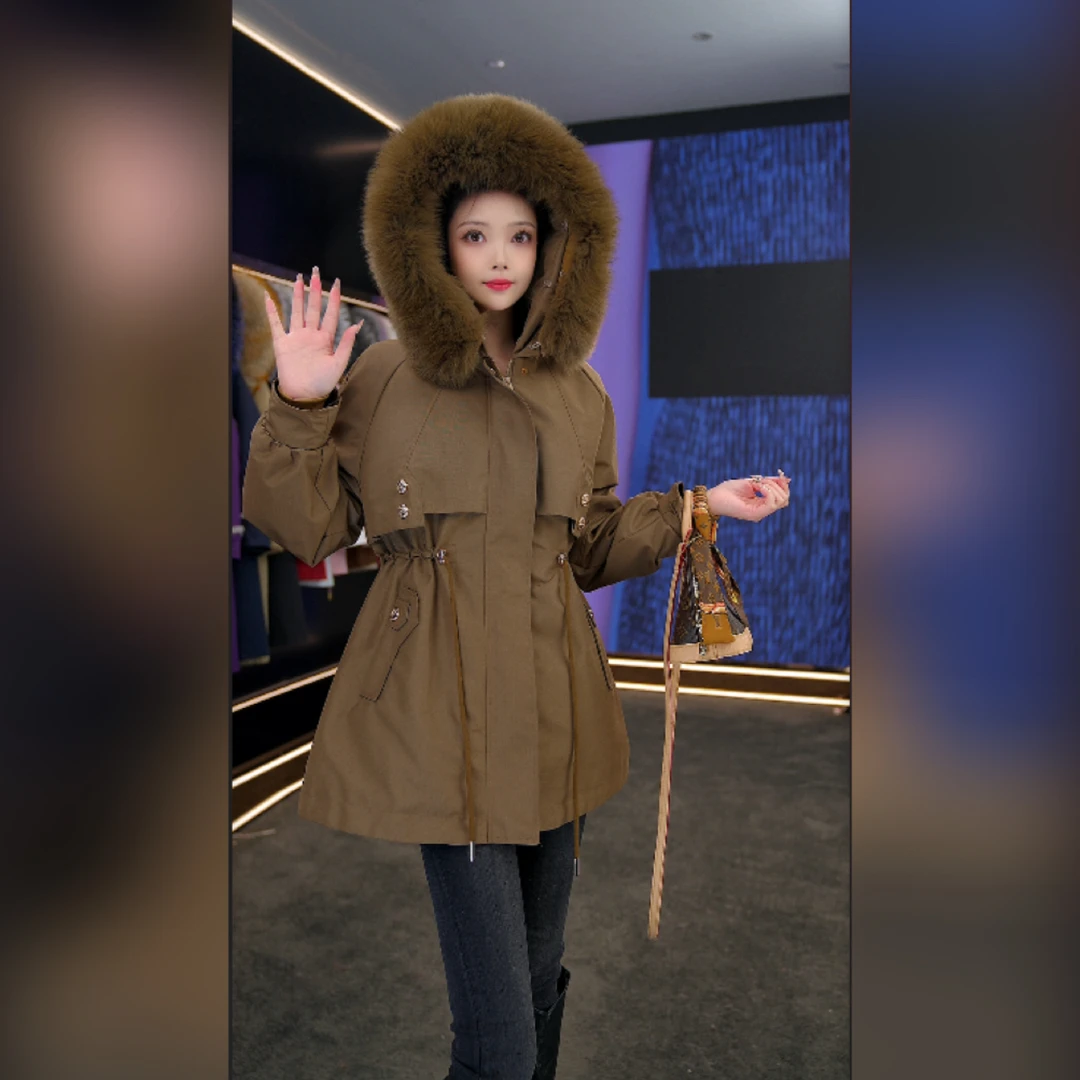 【青花瓷】2025冬季休闲百搭女兔毛内胆派克服加厚保暖大毛领外套