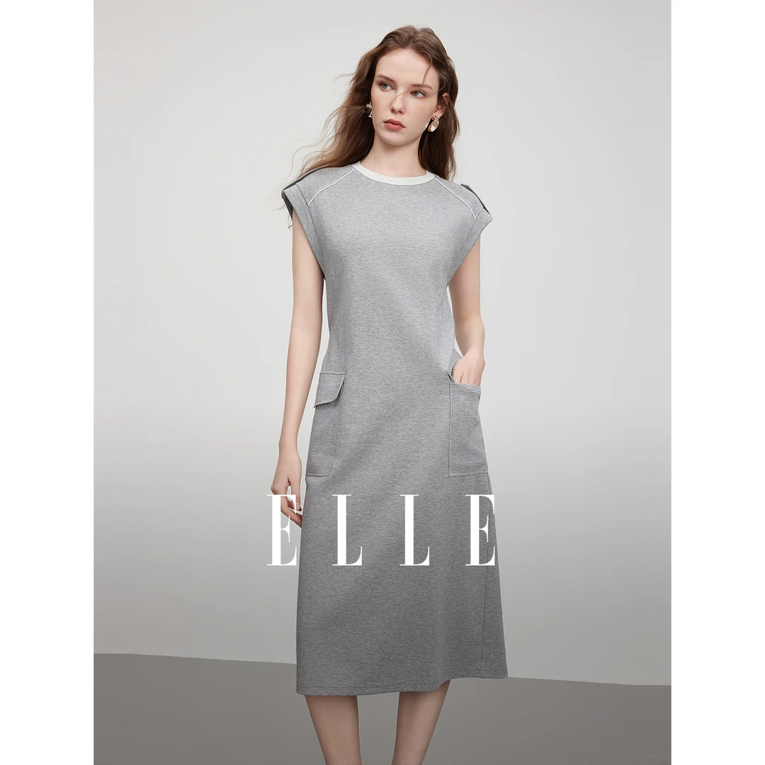 ELLE灰色格雷系圆领直筒连衣裙女2025夏季新款优雅显瘦EL51307