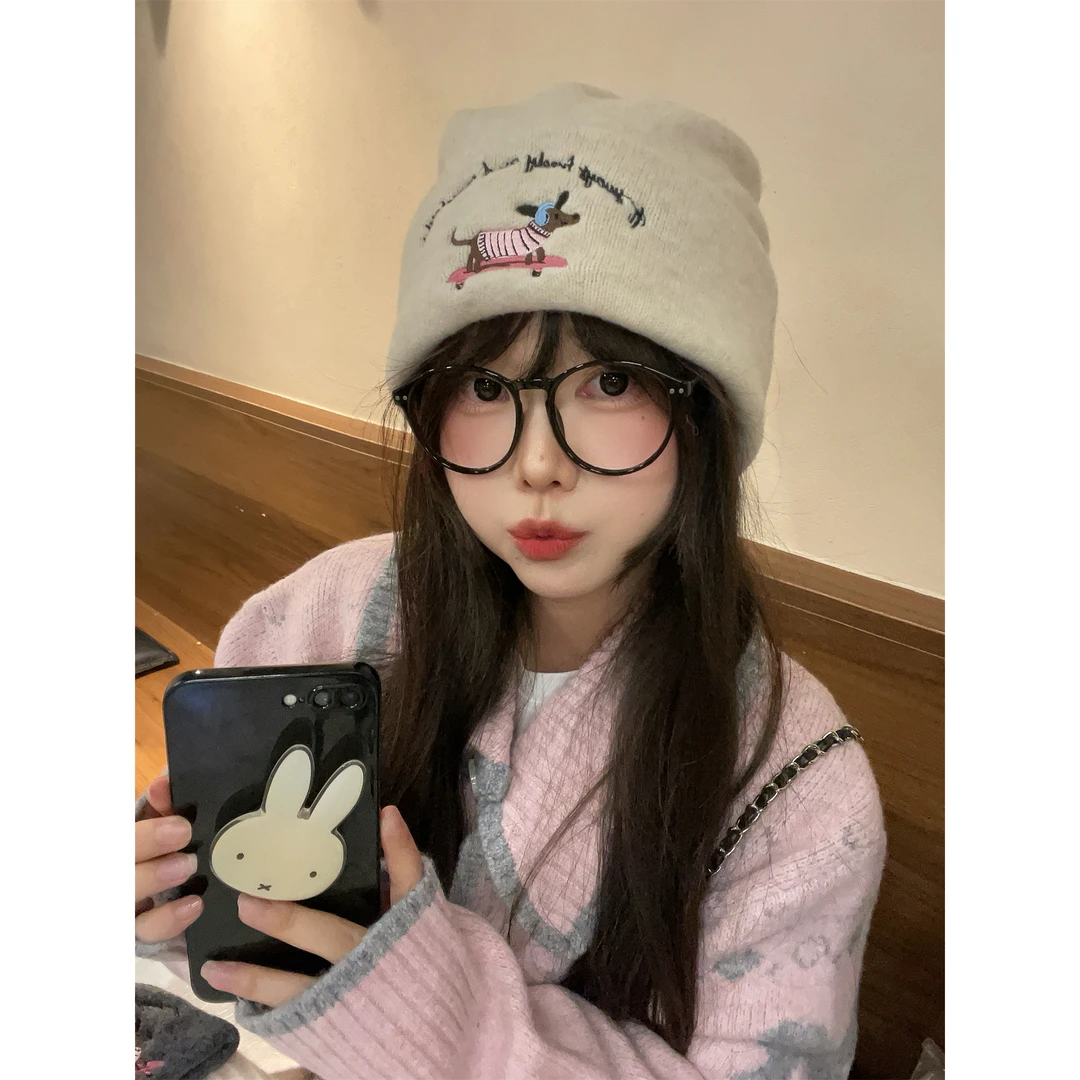 软糯小狗大版百搭腊肠狗刺绣针织加厚毛线帽显脸小冷帽子秋冬新款