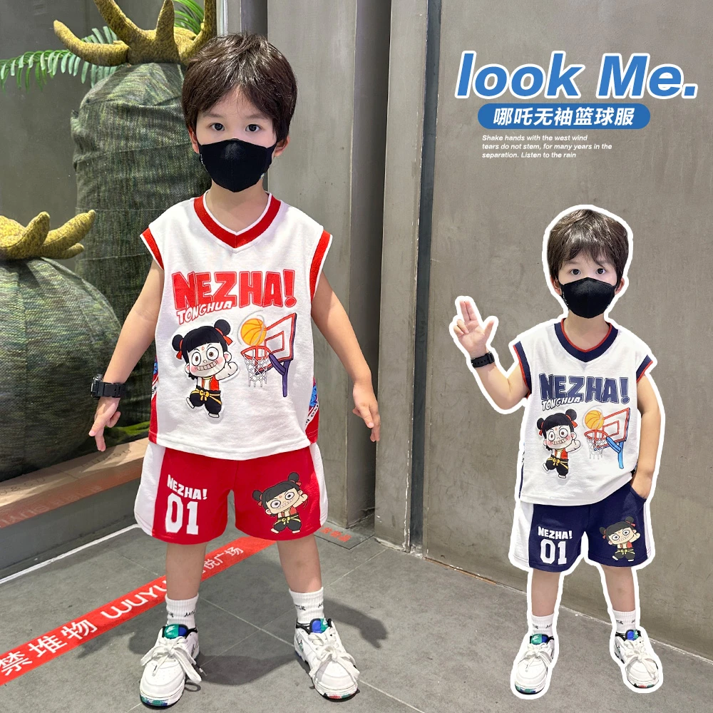 哪吒男童背心套装夏季2025新款儿童无袖两件套宝宝夏装运动篮球服