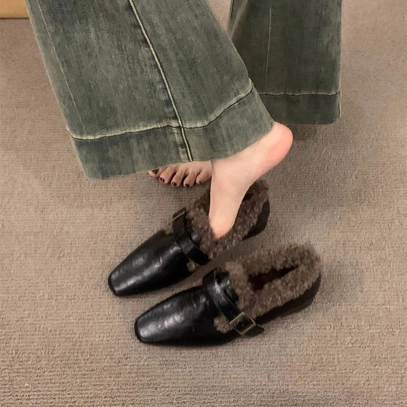 粗跟复古乐福单鞋女鞋子2025新款秋冬季加绒毛毛鞋小皮鞋保暖棉鞋