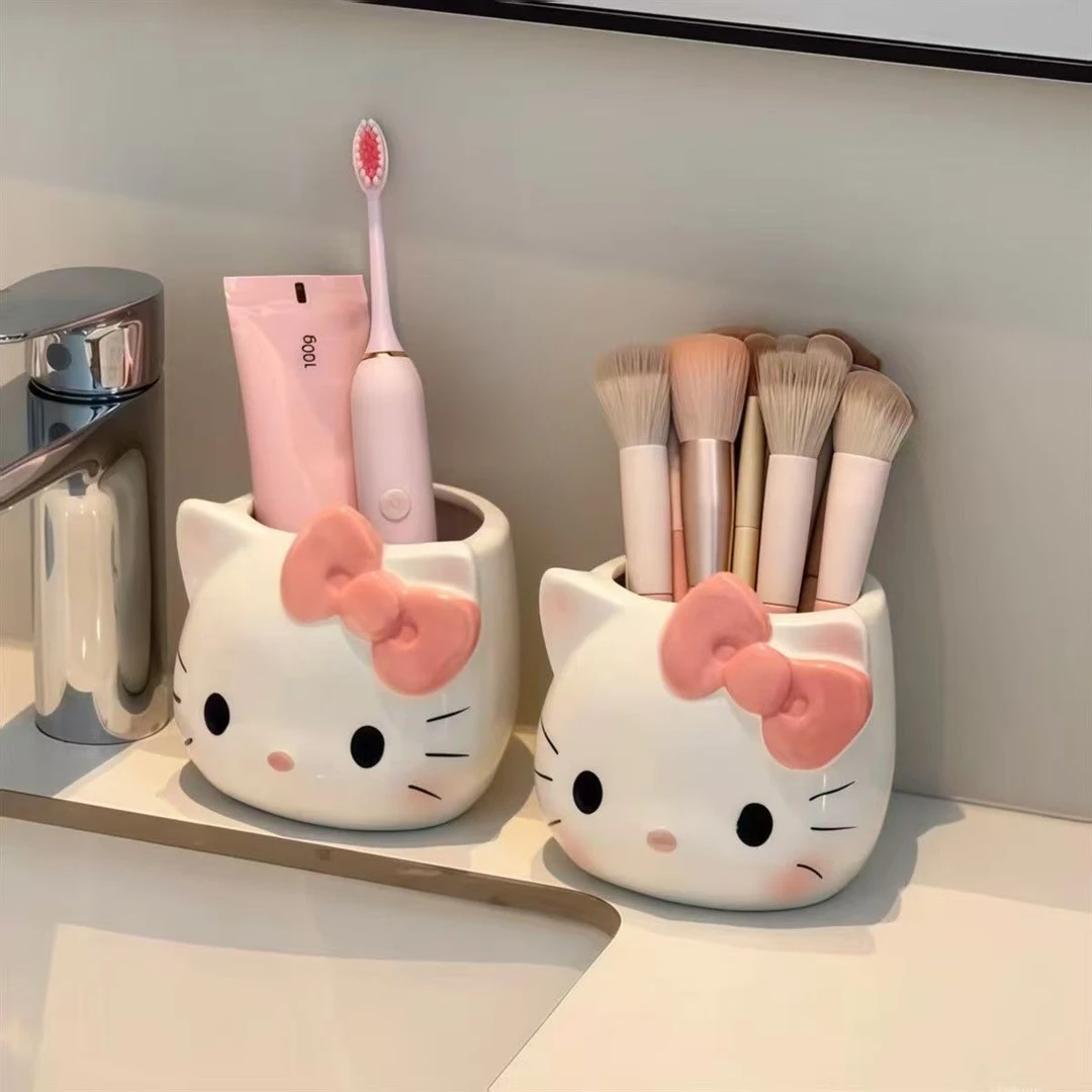 可爱猫咪收纳罐家用洗漱台牙刷架化妆刷收纳盒卡通少女心装饰dol