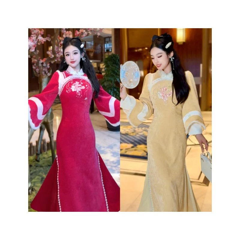 【媛珠 映面桃花】重工手推绣刺绣旗袍连衣裙长款鱼尾秋冬拜年服