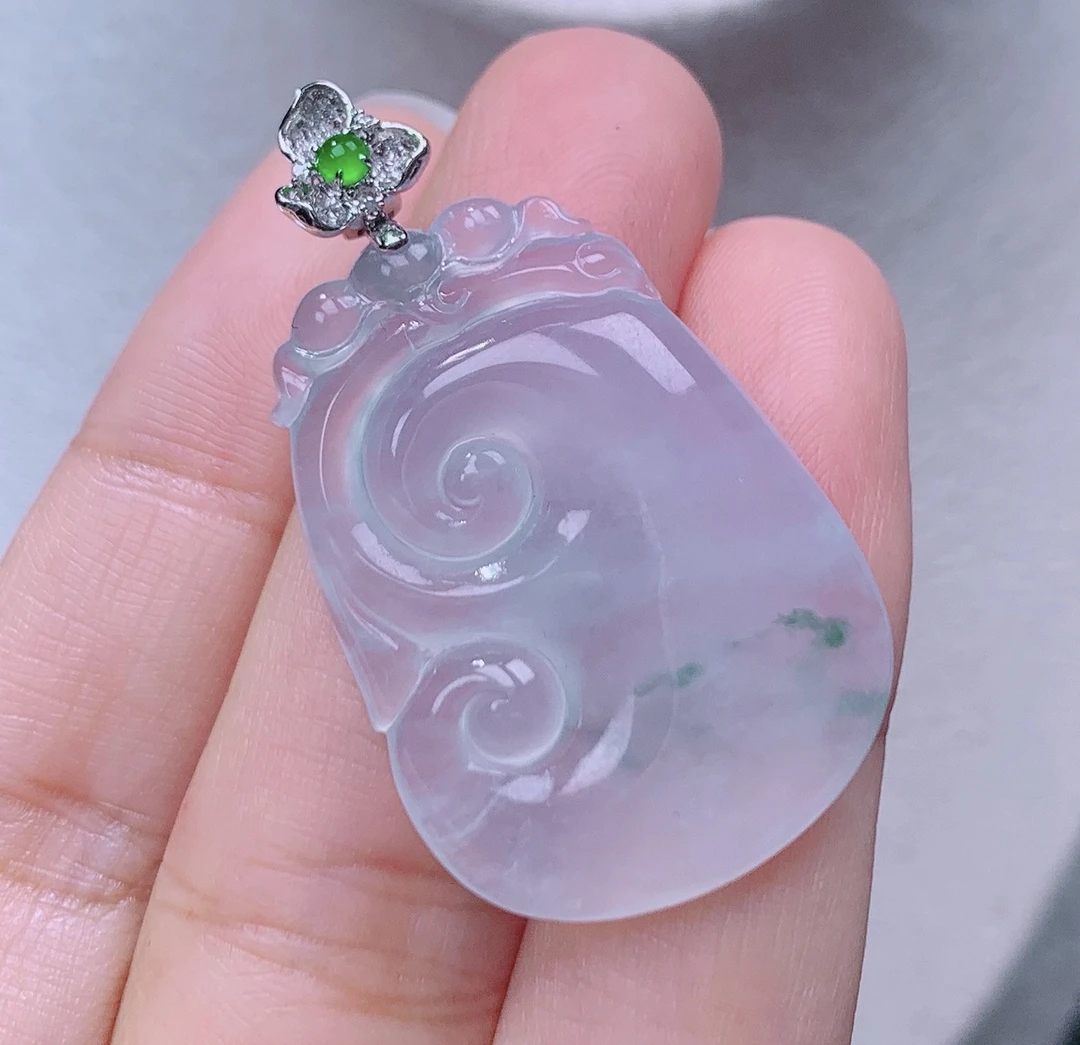缅甸翡翠A货老坑18k金冰种飘花万事如意吊坠揭阳精品41^33*24*5.6