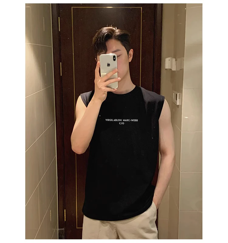 重磅100%纯棉夏季男士无袖印花韩版宽松休闲坎肩背心运动健身潮流