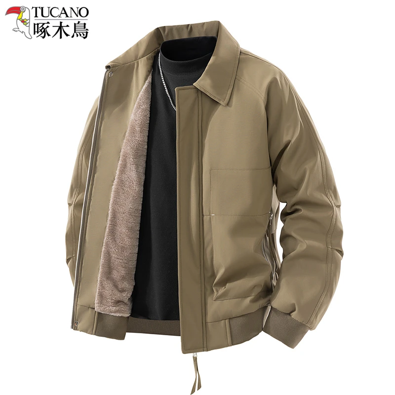 啄木鸟秋冬新款美式潮牌翻领加绒保暖工装夹克男青年时尚百搭外套