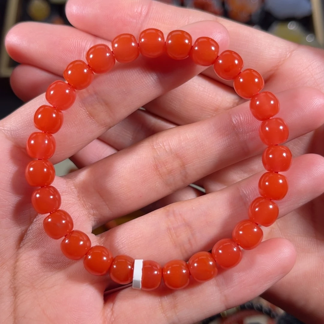 南红玛瑙中洞子满色满肉老形手串7.5左右未镶嵌