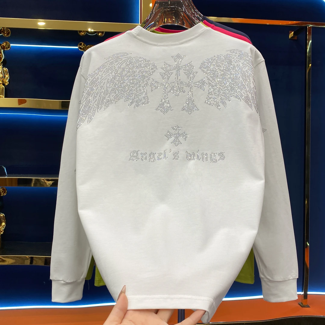 2025轻奢重工潮牌男士圆领情侣潮流百搭时尚黑色满钻长袖时尚圆领