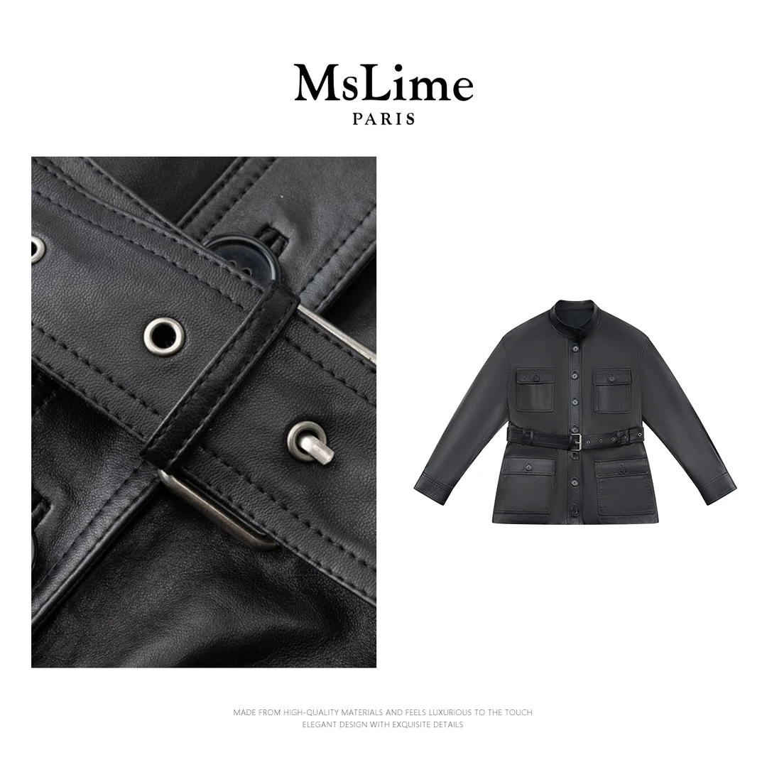 王嬛嬛MsLime25年"奥法庄园"春款100%绵羊皮黑色皮衣 HD2A0611