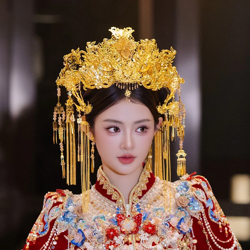 合金婚庆饰品 古风新娘头饰国风金色花朵凤凰奢华凤冠发钗MT0101