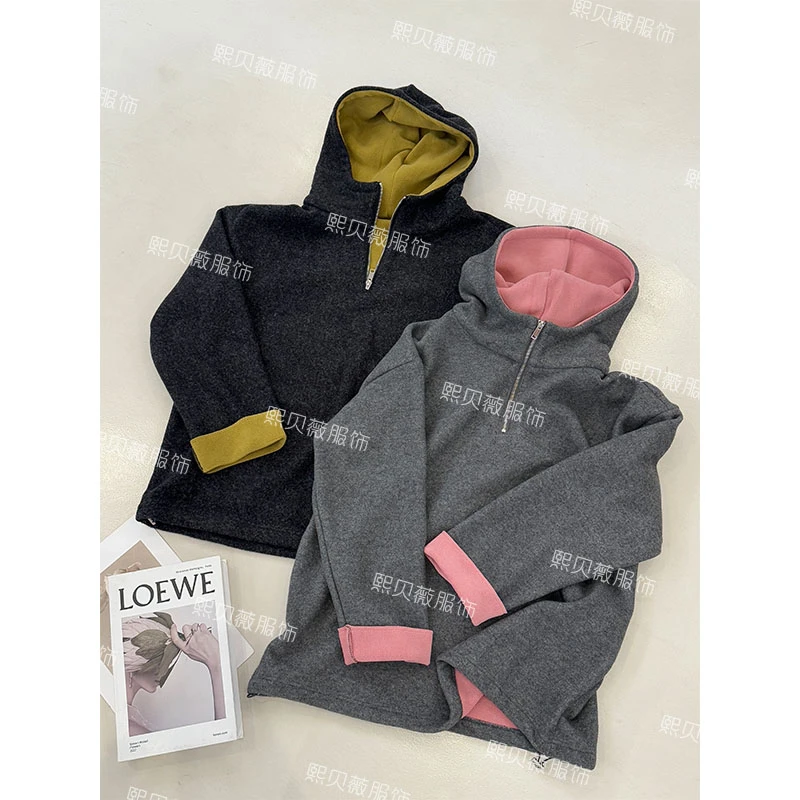 【浮浮款-只出不进】下摆抽绳撞色半拉链假两件连帽卫衣 D8893