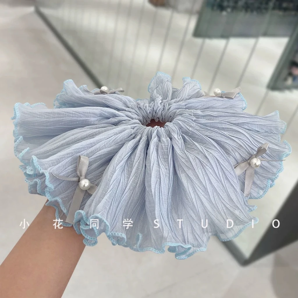 韩国发圈2025新款纯欲风蕾丝褶皱珍珠蝴蝶结双层荷叶边大肠发圈