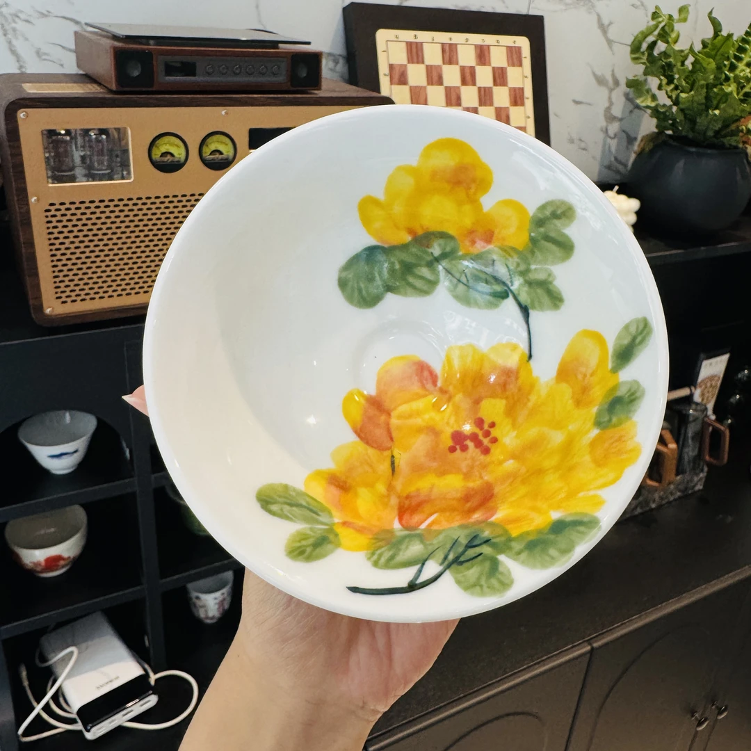 【斗笠碗】黄牡丹·高温手工手绘 0194